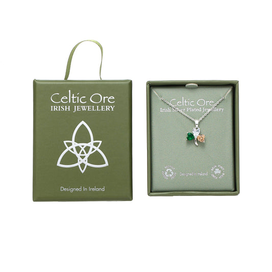 Tricolour3 Stone Shamrock Pendant Silver Plate